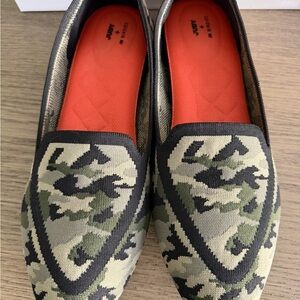 Birdies Women's Camouflage Knit Slip-On Flats in Olive, Black & Orange Insole